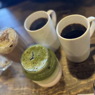 Delicious coffee, hot chocolate, and strawberry matcha latte