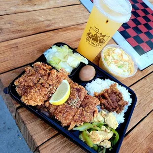 Grilled Chicken Cutlet Bento (5 stars), Golden Kimchi (4 stars), and Passion Fruit Lemon Soda (3.5 stars)