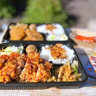 #R2 Chicken Cutlet Bento 傳統雞排便當 ($14.49), #R6 Braised Pork Chop Bento 滷排骨便 ($14.49), #K4 Grilled Taiwanese Sausage 烤台灣香腸 ($3.49 x2)