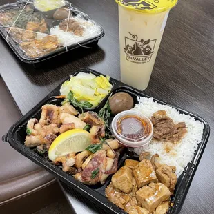 #R9 Fried Squid Bento &amp; #M2 Jasmine Green Milk Tea - there was a long hair fried with the squid :(