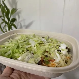 a hand holding a container of food