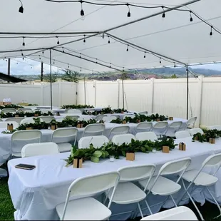 8' Tables, Poly Folding Chairs (White) and 20x40 tent. Items in prime condition