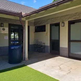 Entrance to Cruikshank Hall, restrooms, both open onto inner courtyard
