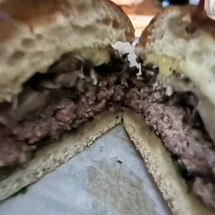 Medium rare, wild mushroom burger