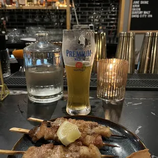 The Premium Malt&apos;s (Suntory) and pork belly kushiyaki