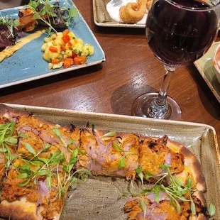 Surf and Turf with BBQ chicken Flatbread and Cabernet wine.