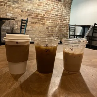 3 drinks- hot chocolate, the "Bee's Knees" latte, caramel latte