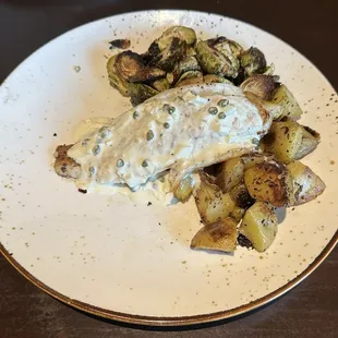 PAN SEARED BARRAMUNDI lemon garlic butter, roasted yukon golds, roasted brussel sprouts