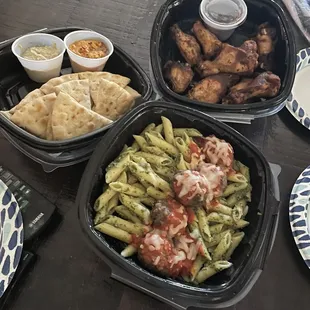 Carry out: wings, hummus and meatballs.  All delish!