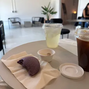 Ube pan, Americano, and Yuzu tea