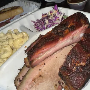 2 meat plate with ribs and brisket with mac n cheese and slaw