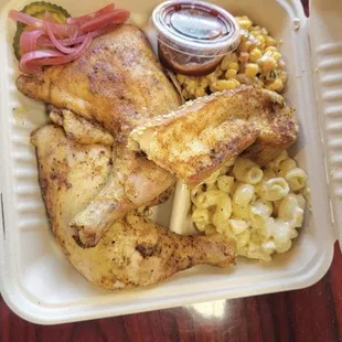 Chicken, Mexican street corn, macaroni and cheese