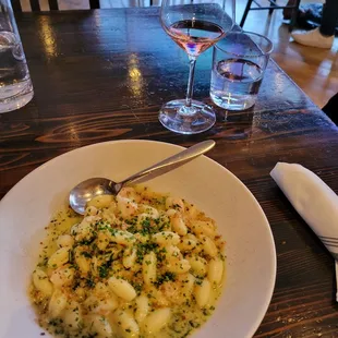 Yummy Cavatelli Scampi. Why don&apos;t they list it under entrees, since when do you share pasta???