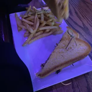 Pulled bacon grilled cheese (w no onions) and fries