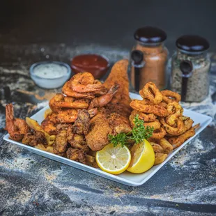 a platter of fried seafood