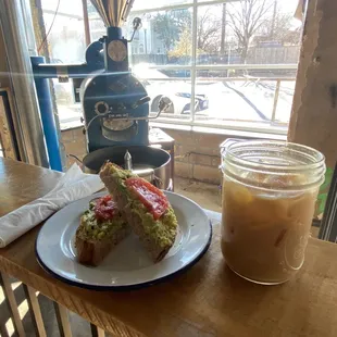 Iced coffee and avocado toast