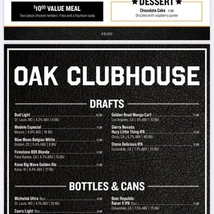 the menu for oak clubhouse
