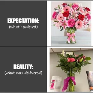 Product photo from 1800Flowers (top) vs what Oak Creek actually delivered (bottom).