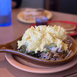 LA skillet: potatoes, grilled chicken, jalapeño, peppers, onions