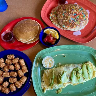 Oh Pebbles! with Tater Tots Veggie Omelette with Fruit Cup and Pancake