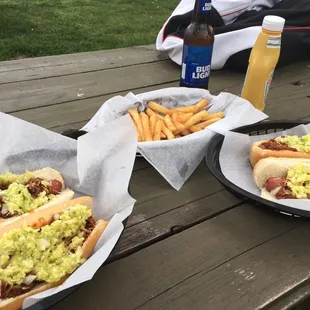 Wednesday night special-hillbilly hot dogs (dogs covered in cheese, chili, onions, slaw) 2/$3, $1 off Bud Light ($1.25)