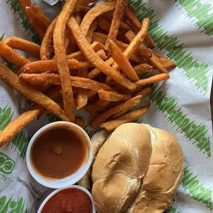 Burger and sweet potato fries. (Disclaimer - I had already cut my burger in half before I took the photo).