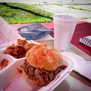 Pulled pork. So juicy I didn&apos;t even  put sauce on it. Smoked cabbage was delicious.