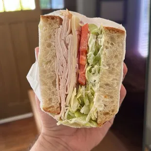 a person holding a sandwich