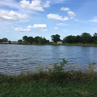 View of the playground, bathrooms, and pavilion from the island