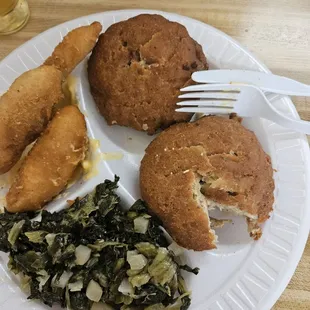 Salmon cakes,  turnip greens, and Mac n cheese