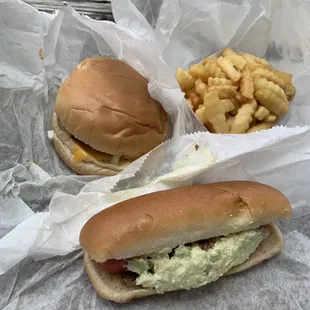 Cheeseburger all the way hotdog all the way with slaw and crinkle cut French fries