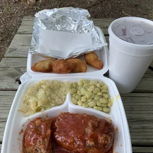 Meatloaf butter beans cabbage and hush puppies