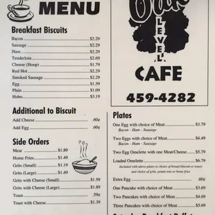 Oak Level Cafe breakfast menu. Everything is great. You get plenty of food and it all taste superb.