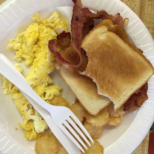 My son ordered 2 eggs scrambled, bacon, hash browns, and toast. He loved it, especially the hash browns.