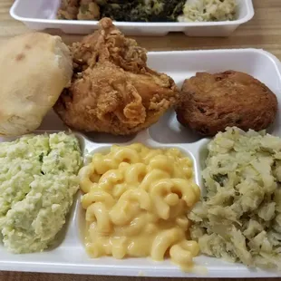 Fried chicken and salmon cake.