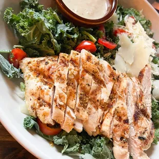 Kale Caesar Salad with Parmesan Crisps with grilled chicken