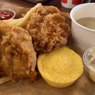 Buttermilk Fried Chicken with fries and house made gravy, cornbread and honey butter! Amazing!