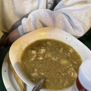 Green Chili: slow cooked pork, tomatillos, potatoes, spice.