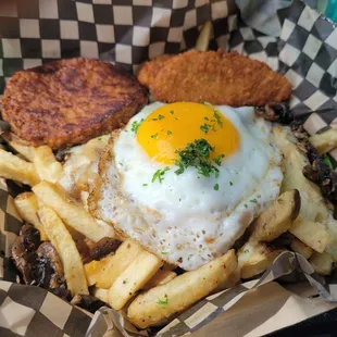 Hangover poutine, added veg sausage patties and veg chik tenders