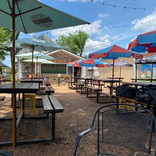 picnic tables and umbrellas