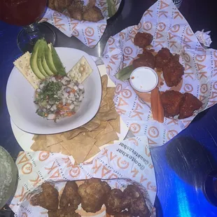 Ceviche, cauliflower wings, lemon pepper wings, buffalo wings