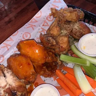 Huge,Amazing,flavorful wings.  Garlic parmesan,mango habanero and lemon pepper.