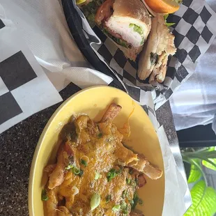 Swiss gobbler sandwich and green chile cheese fries
