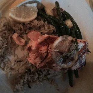 This was the grilled salmon on top of rice pilaf along with vegetables it came with a garden vegetable soup which was wonderful