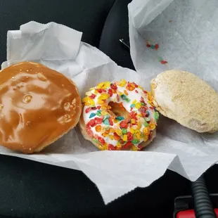 Maple Glazed, Vanilla frosted Fruity Pebbles, &amp; Banana Cream Pie donut