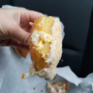 Filling inside of the banana cream pie donut