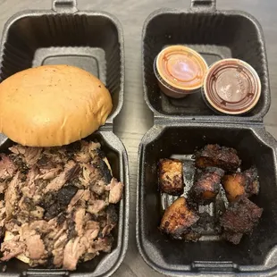 Brisket sandwich and pork belly
