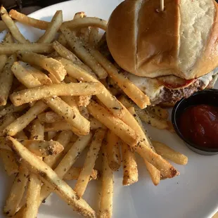 Pizza Burger with fries