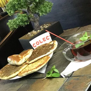 Chicken,beef,cheese pastries with Arab mint tea
