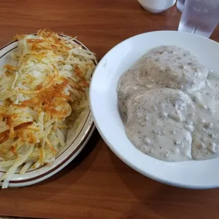 Biscuits and gravy (full order) with a side of hash browns